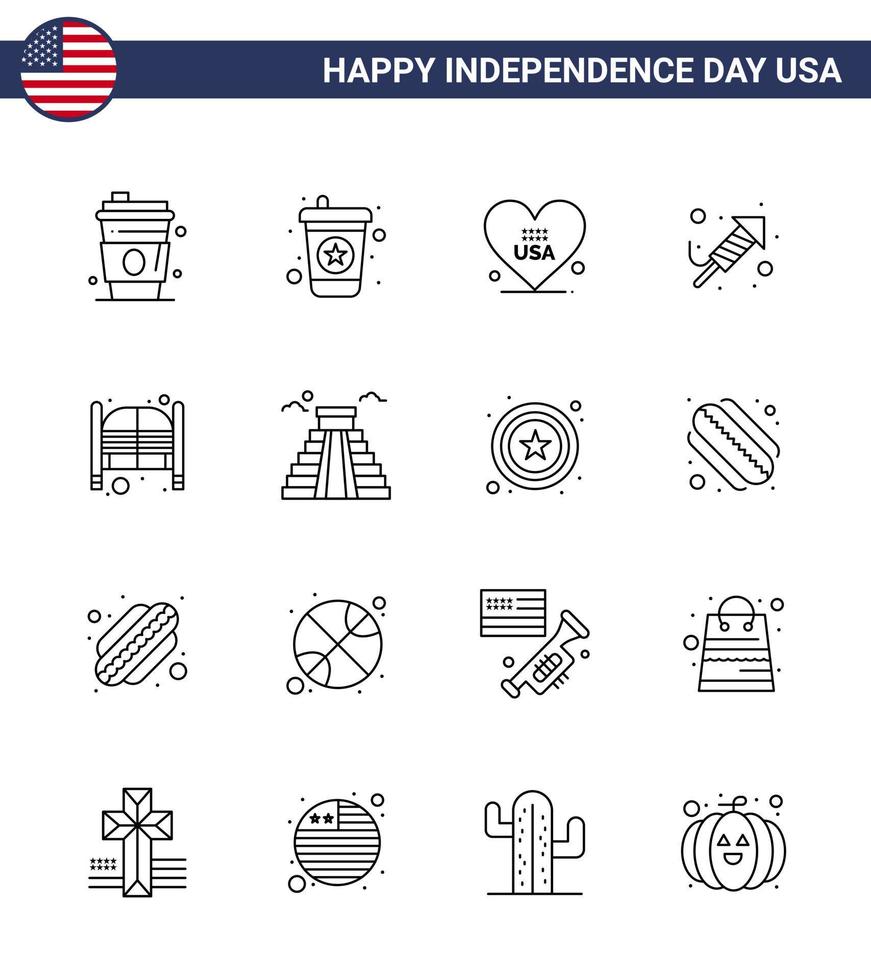 conjunto de 16 líneas vectoriales el 4 de julio, día de la independencia de estados unidos, como el bar del salón, el día del amor, la religión, los elementos de diseño vectorial editables del día de estados unidos vector