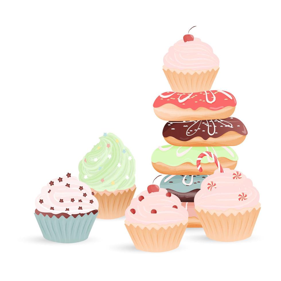 dulces cupcakes y donuts vector