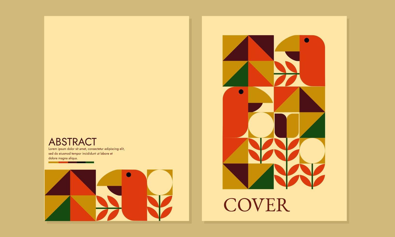Bauhaus pattern book cover with geometric bird and plant shapes. retro design. A4 size for catalog designs, annual reports, flyers, posters, brochures, journals. vector
