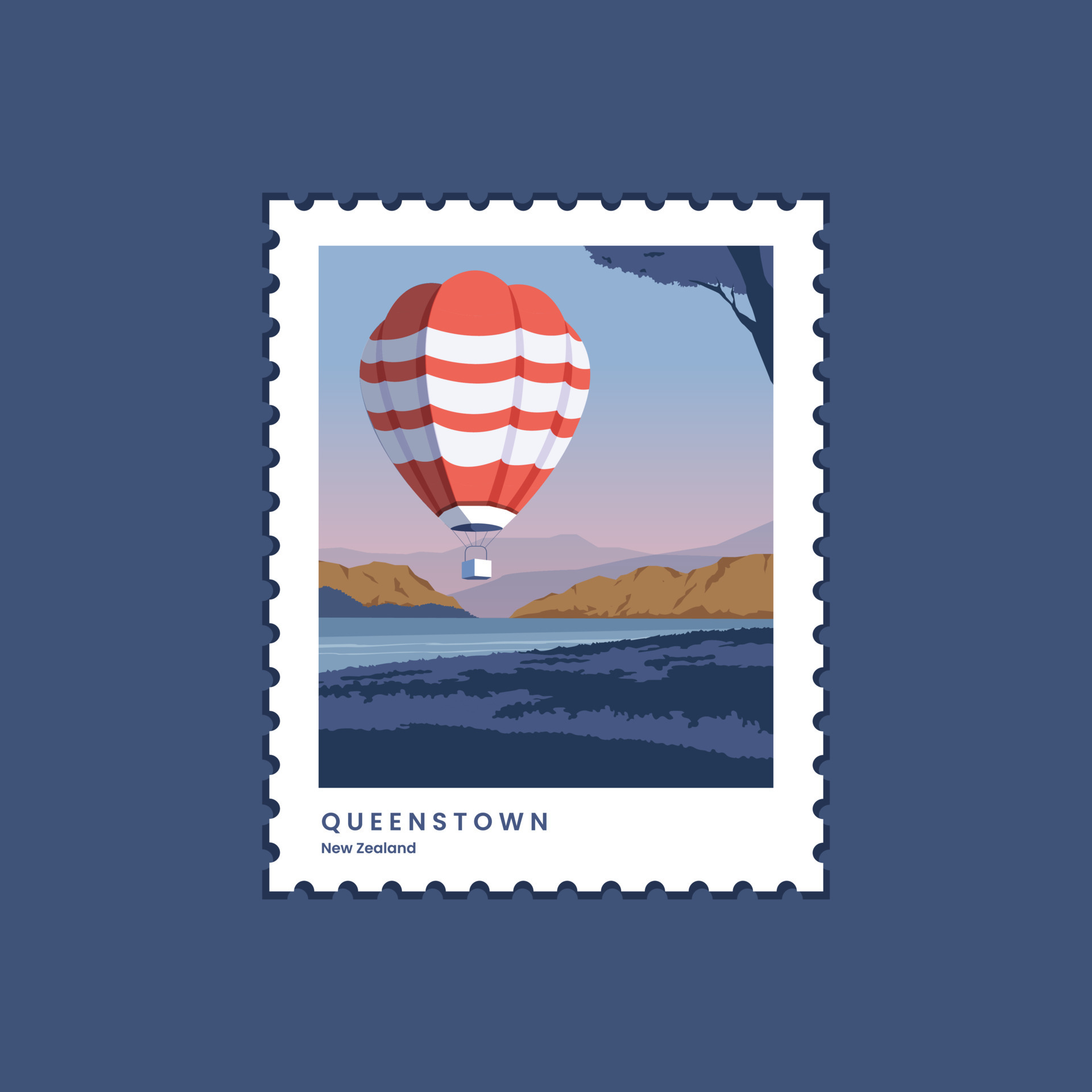 Vector travel postage stamps queenstown, New Zealand. Mail envelope