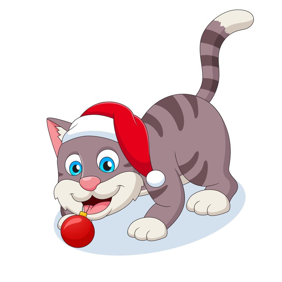 Cute cat cartoon is playing red christmas ball. Vector illustration