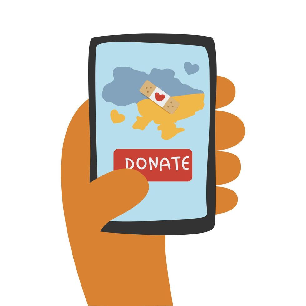 Clicking Share button on phone screen in mobile donation app. vector
