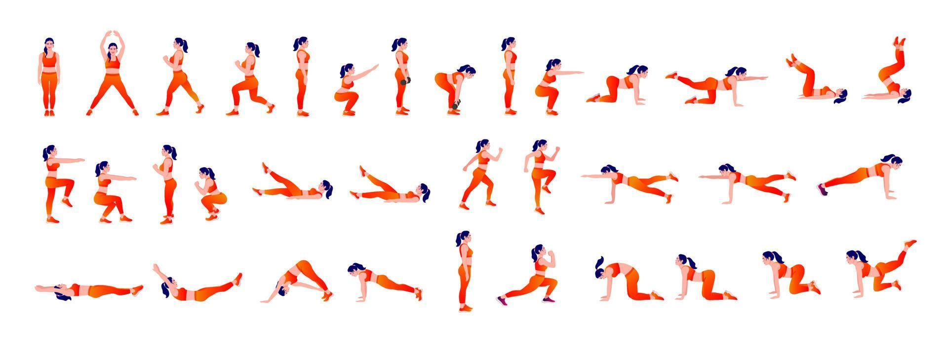 Women Workout Set. Women doing fitness and yoga exercises. Lunges, Pushups, Squats, Dumbbell rows, Burpees, Side planks, Situ ps, Glute bridge, Leg Raise, Russian Twist, Side Crunch .etc vector