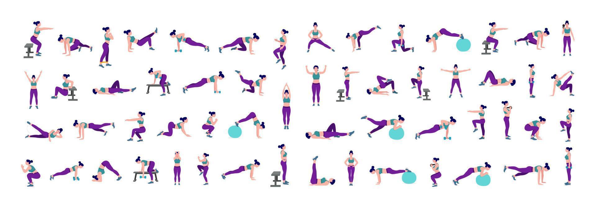 Women Workout Set. Women doing fitness and yoga exercises. Lunges, Pushups,  Squats, Dumbbell rows, Burpees, Side planks, Situ ps, Glute bridge, Leg  Raise, Russian Twist, Side Crunch .etc 14829406 Vector Art at