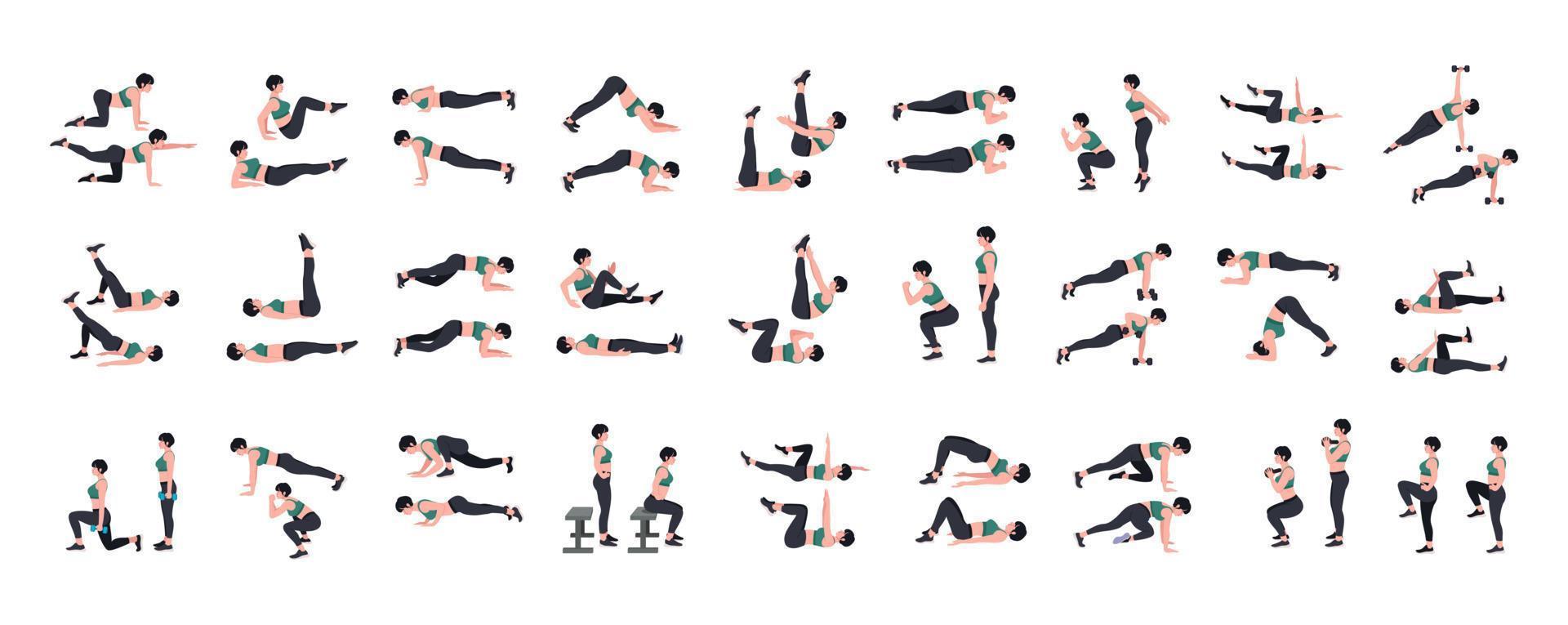 Women Workout Set. Women doing fitness and yoga exercises. Lunges, Pushups, Squats, Dumbbell rows, Burpees, Side planks, Situ ps, Glute bridge, Leg Raise, Russian Twist, Side Crunch .etc vector