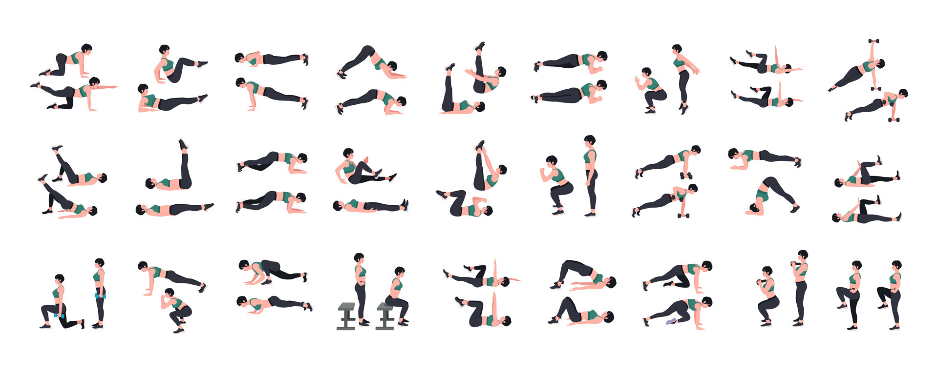 Women Workout Set. Women doing fitness and yoga exercises. Lunges, Pushups,  Squats, Dumbbell rows, Burpees, Side planks, Situ ps, Glute bridge, Leg  Raise, Russian Twist, Side Crunch .etc 13794570 Vector Art at