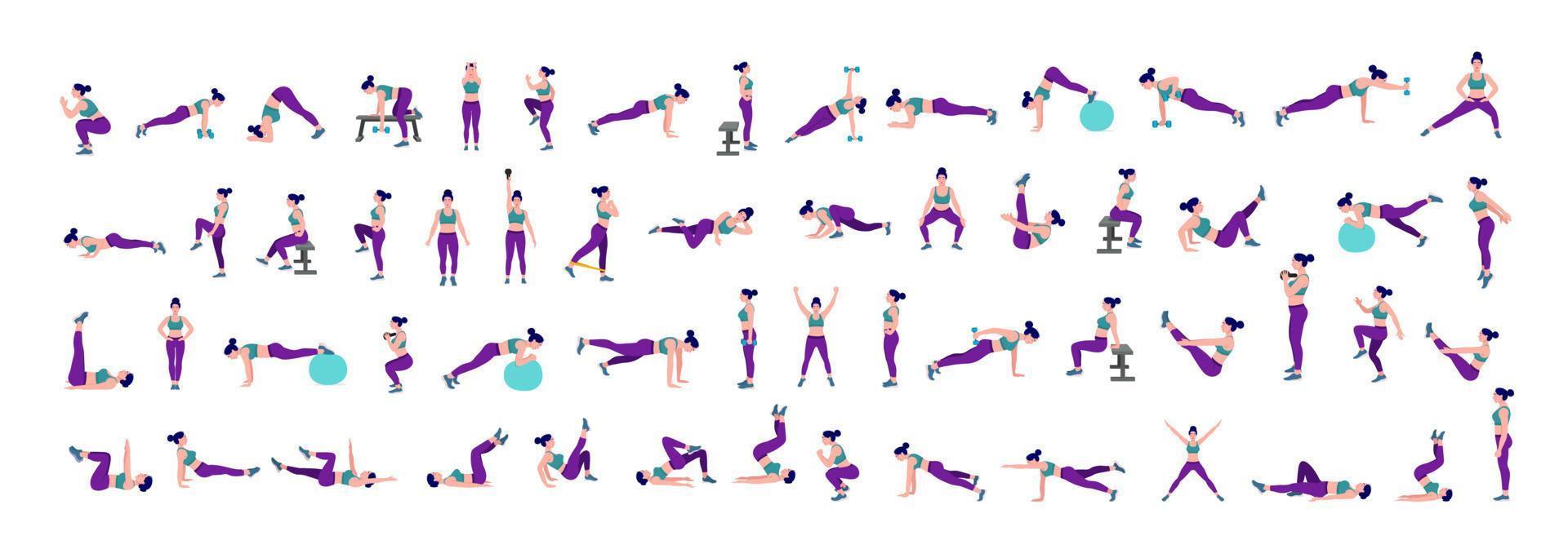 Women Workout Set. Women doing fitness and yoga exercises. Lunges, Pushups, Squats, Dumbbell rows, Burpees, Side planks, Situ ps, Glute bridge, Leg Raise, Russian Twist, Side Crunch .etc vector