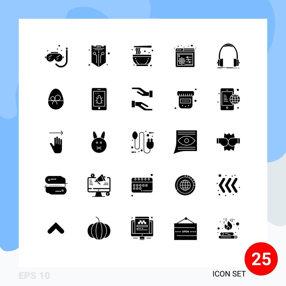 Editable Vector Line Pack of 25 Simple Solid Glyphs of headphone settings web panel traditional Editable Vector Design Elements