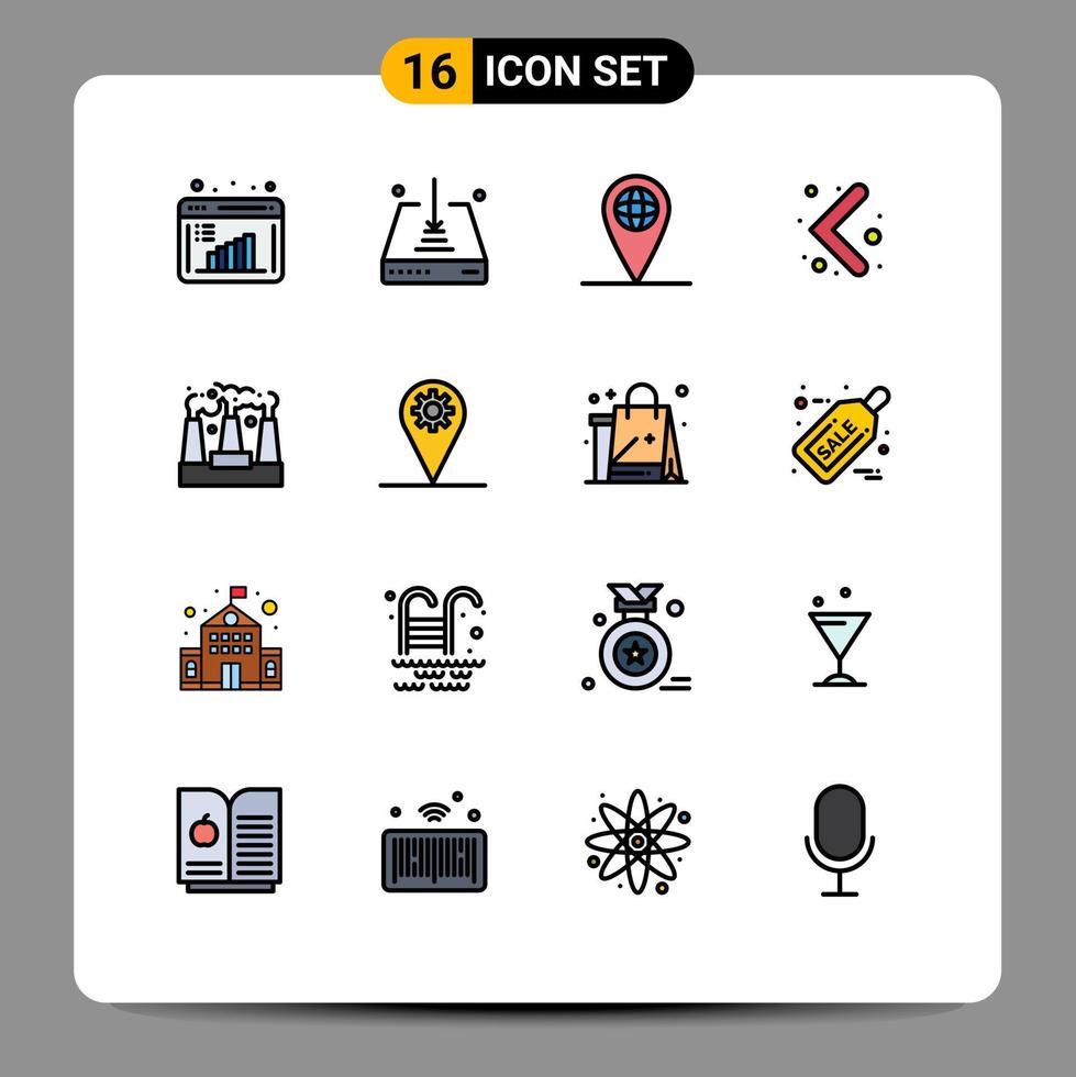 Modern Set of 16 Flat Color Filled Lines and symbols such as smoke pollution geo factory left Editable Creative Vector Design Elements
