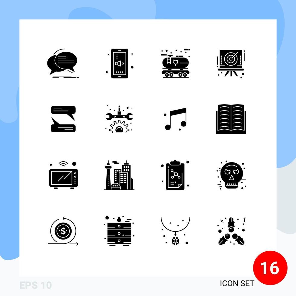 Pack of 16 Modern Solid Glyphs Signs and Symbols for Web Print Media such as target board mute arrow oil Editable Vector Design Elements