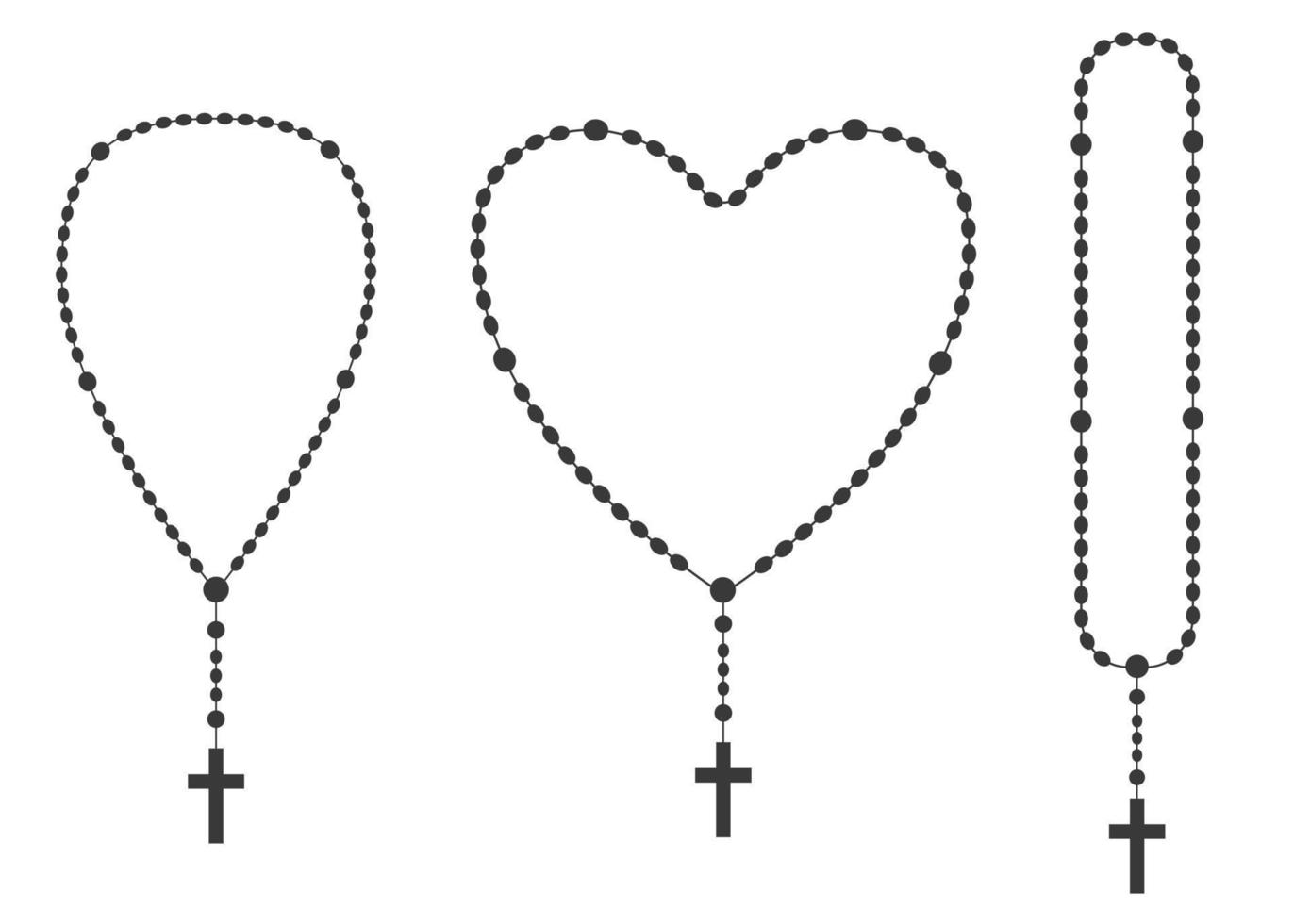 juego de siluetas de cuentas de rosario. joyas en forma de corazón de oración para la meditación. Coronilla católica con una cruz. símbolo de la religión. ilustración vectorial vector