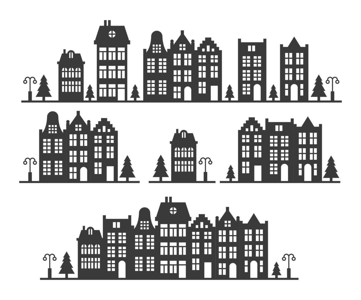 Silhouette of a row Amsterdam style houses. Facades of European old buildings for Christmas decoration. Vector