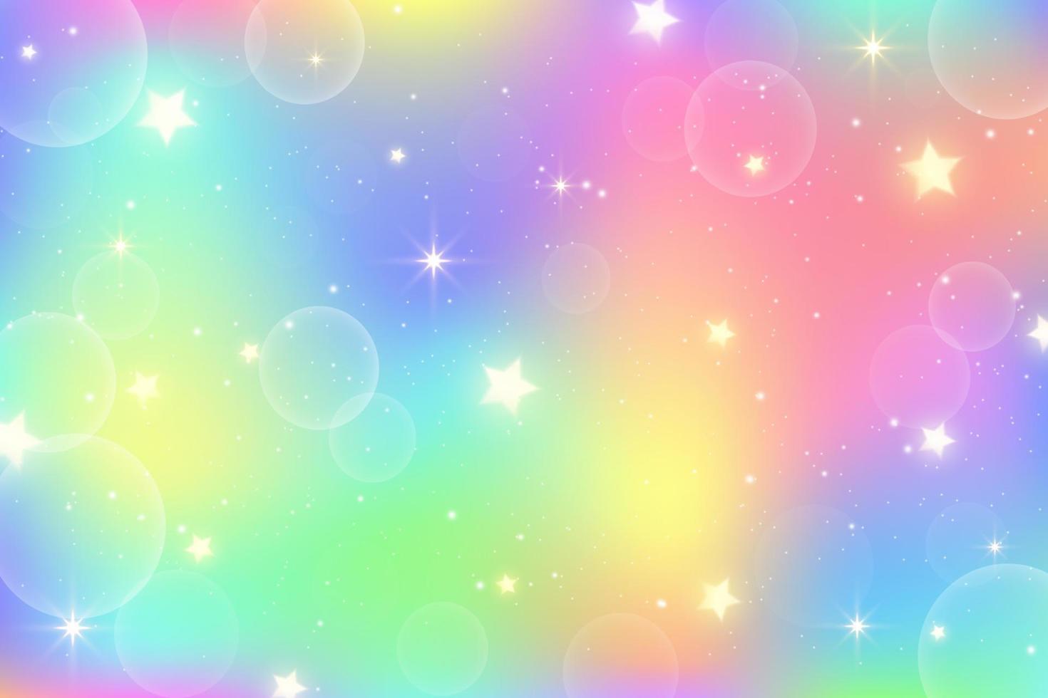 Rainbow unicorn background. Girlie princess sky with stars and sparkles. Gradient holographic fantasy backdrop. Vector abstract iridescent texture.