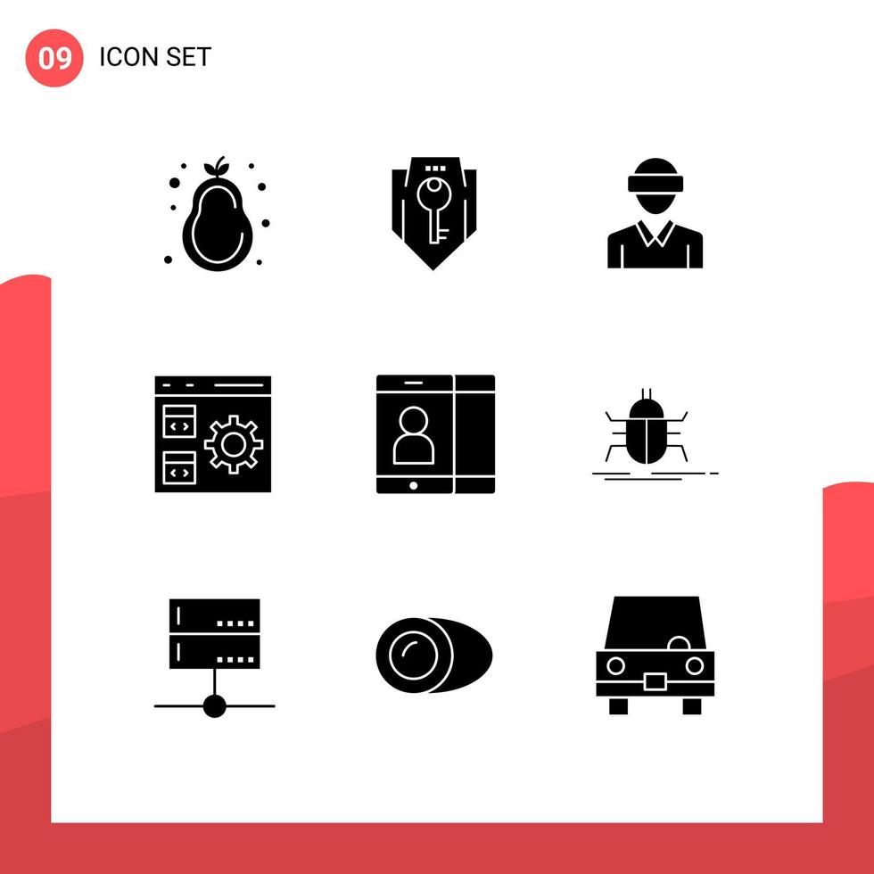 Pack of 9 creative Solid Glyphs of development coding shield app technology Editable Vector Design Elements