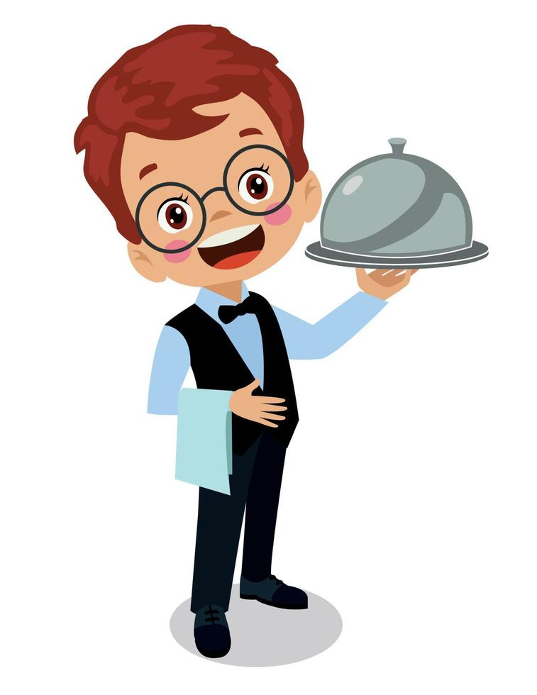 Happy kids wear waiter uniform set vector