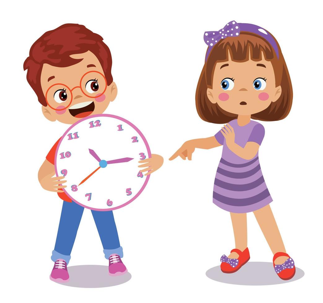 lindos niños felices sosteniendo el reloj vector