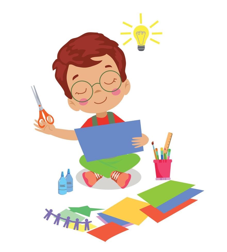 cute boy painting and cutting colorful craft papers vector