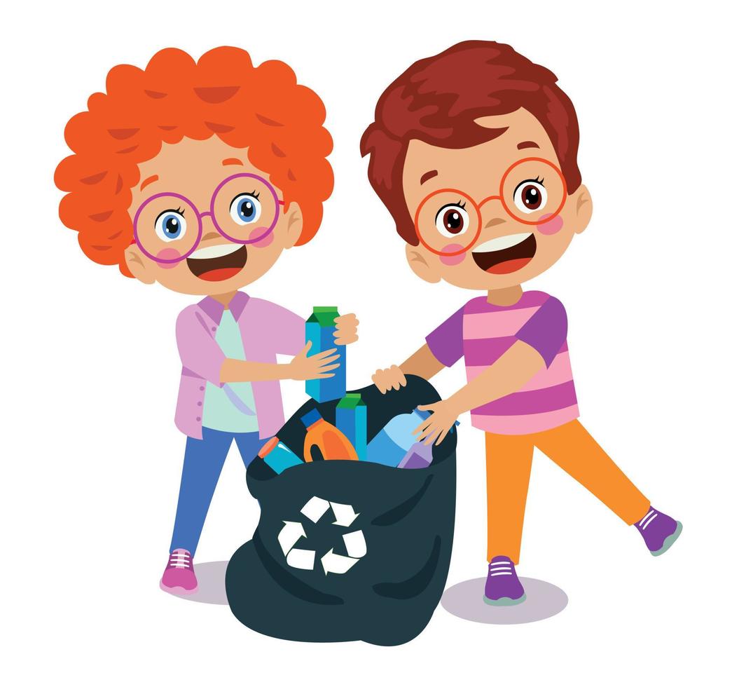 cute boy throwing trash in recycle bin vector