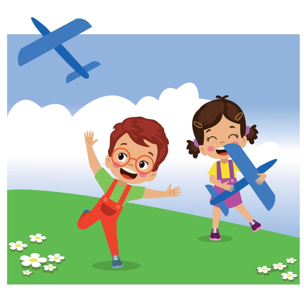 cute kids flying model airplanes vector