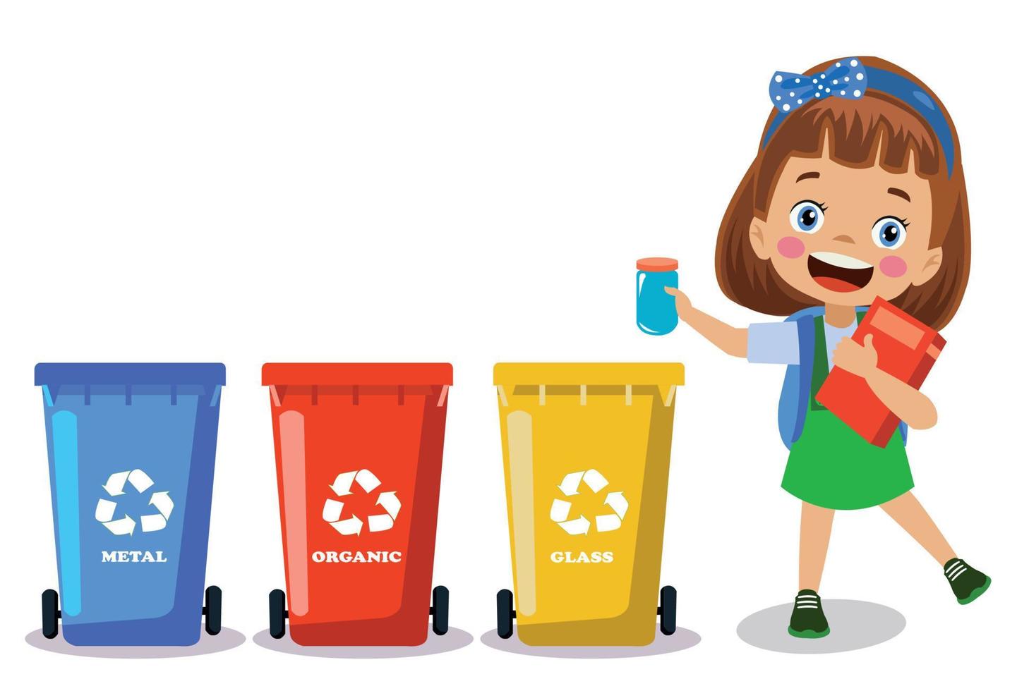 cute boy throwing trash in recycle bin vector