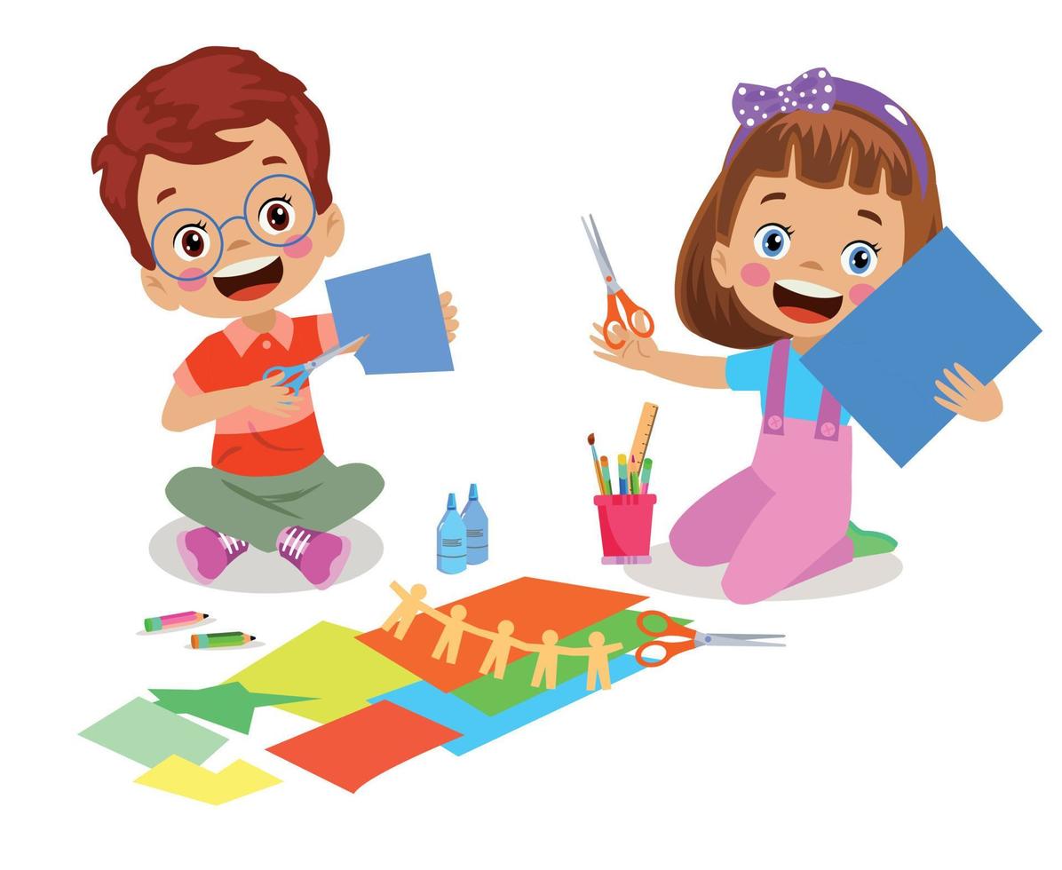 cute boy painting and cutting colorful craft papers vector