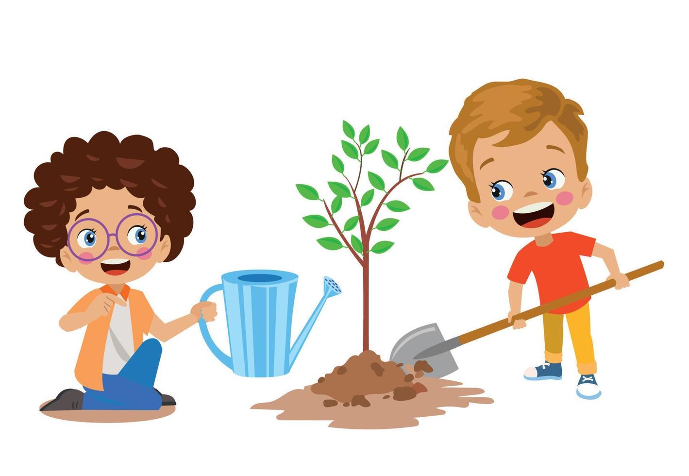 cute happy kids planting saplings vector