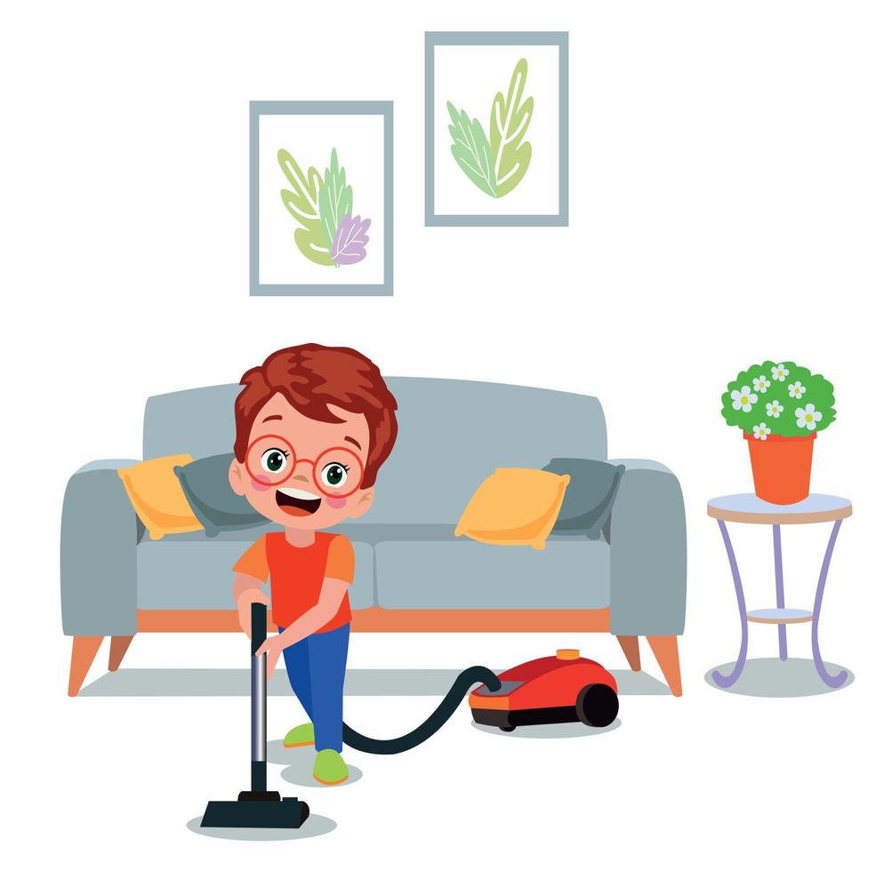 cute boy sweeping house with vacuum cleaner vector