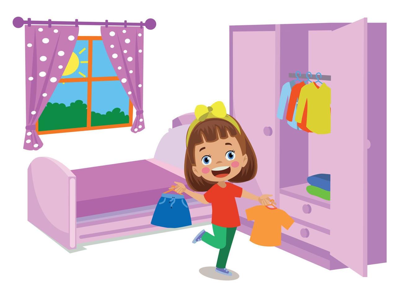 cute boy choosing clothes from the wardrobe in his room vector