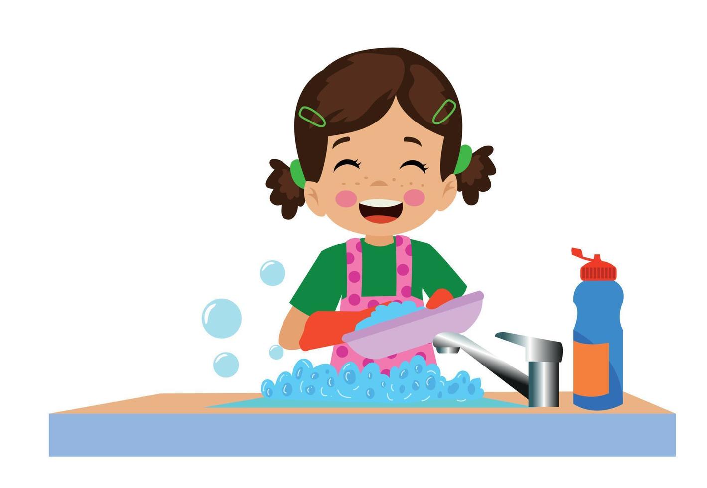 lindo niño feliz lavando platos vector