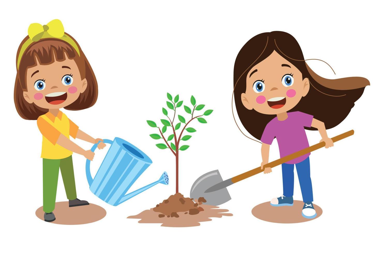 lindos niños felices plantando árboles jóvenes vector