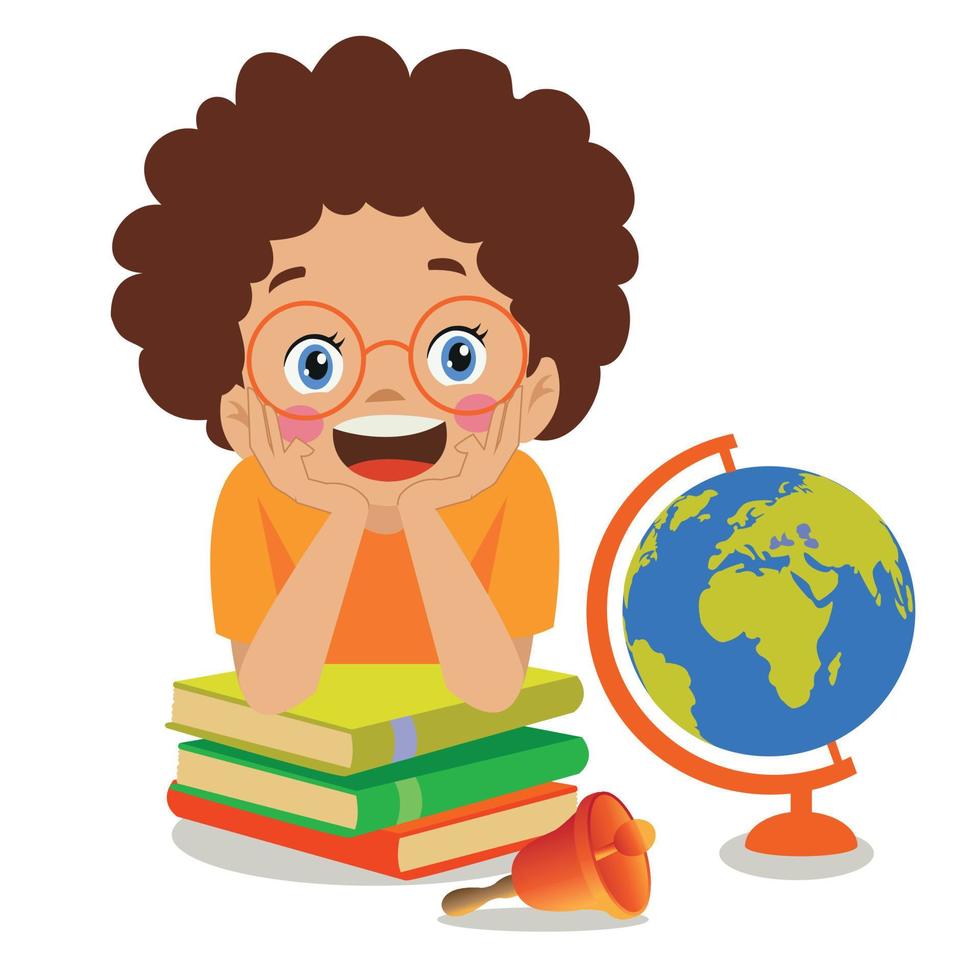 mapamundi de chico lindo con libros y campana escolar vector
