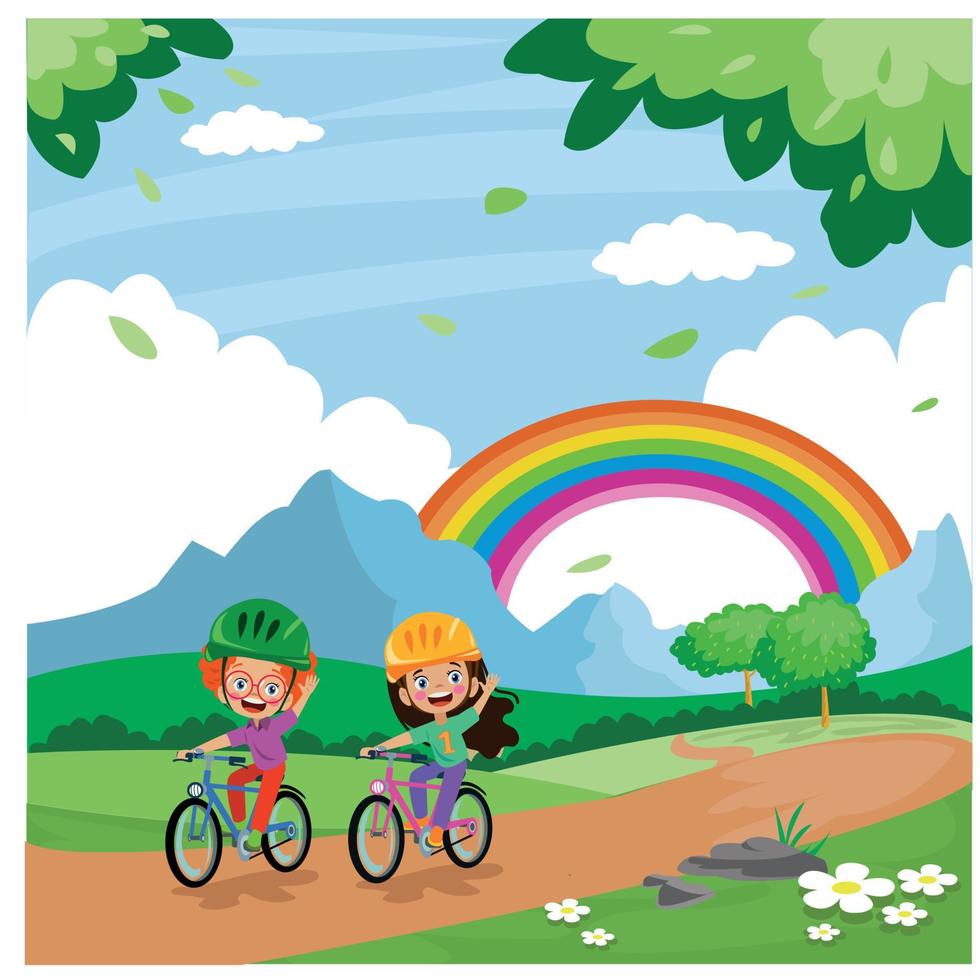 cute boys and girls riding bikes vector