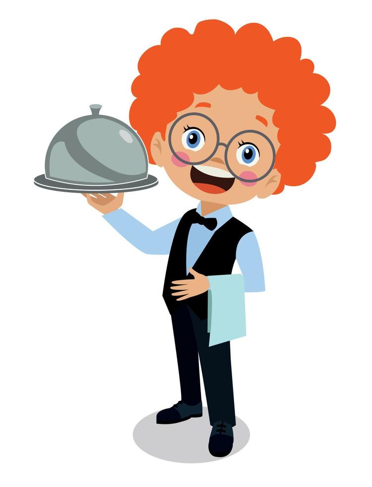 Happy kids wear waiter uniform set vector