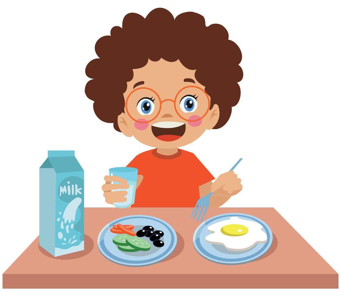 cute boy drinking milk for breakfast vector