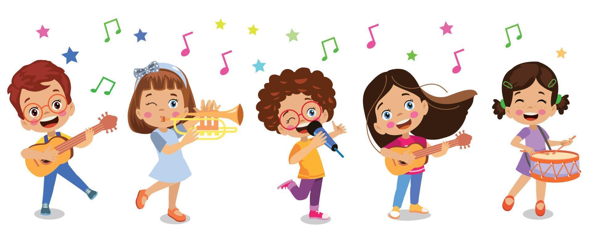 niños felices tocando instrumentos y cantando vector