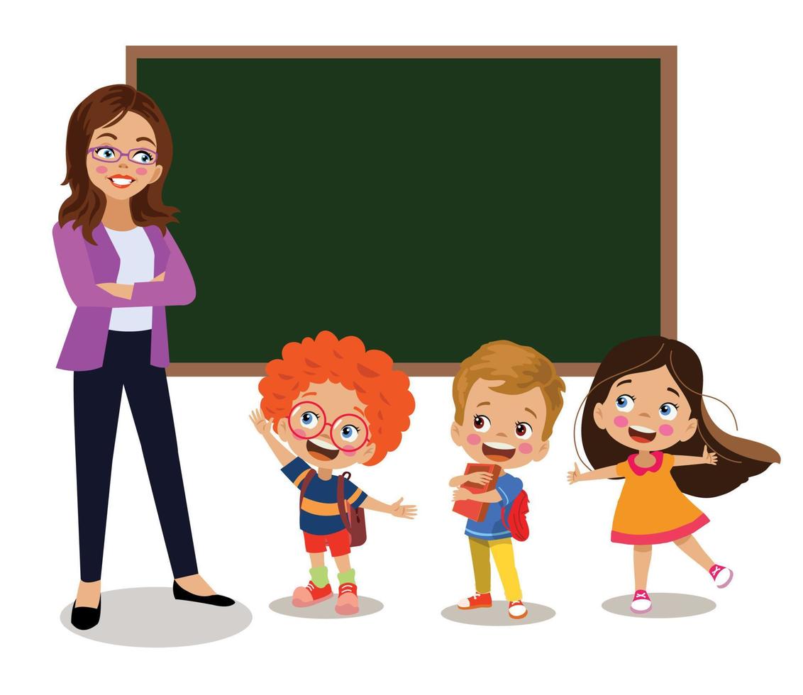 cute teacher and students teaching in front of classroom lesson board vector