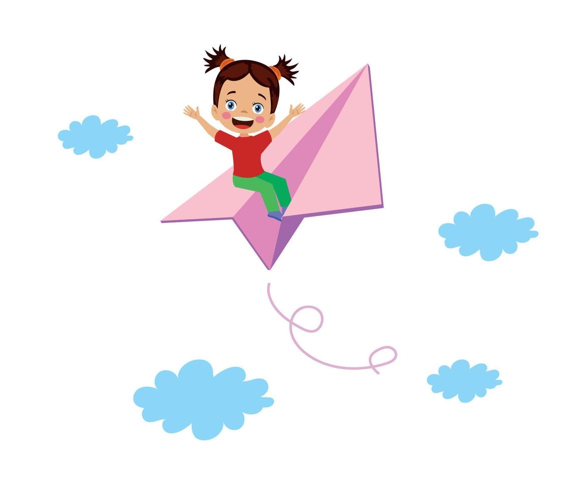 linda chica feliz volando en el cielo con avión de papel vector