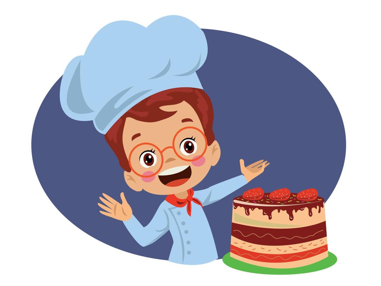 cute little chef made strawberry cake vector