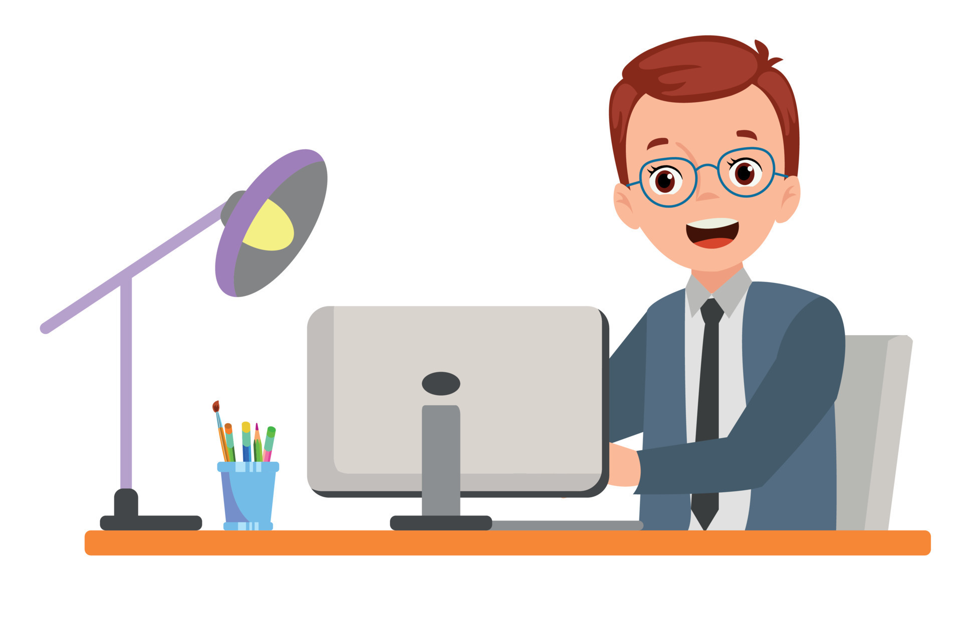 teacher working at desk at computer 14830165 Vector Art at Vecteezy