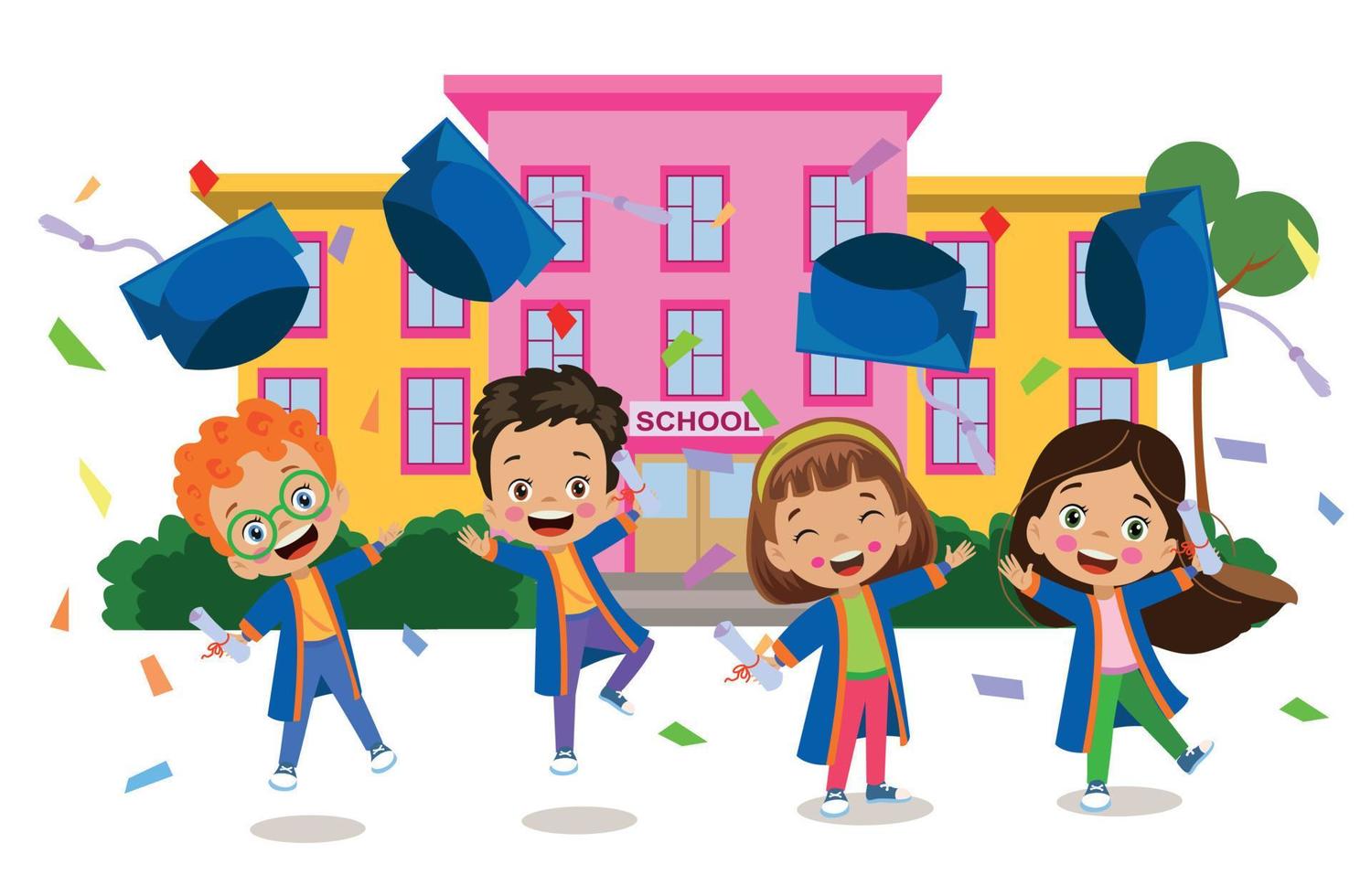 cute kid graduating graduation throwing cap vector