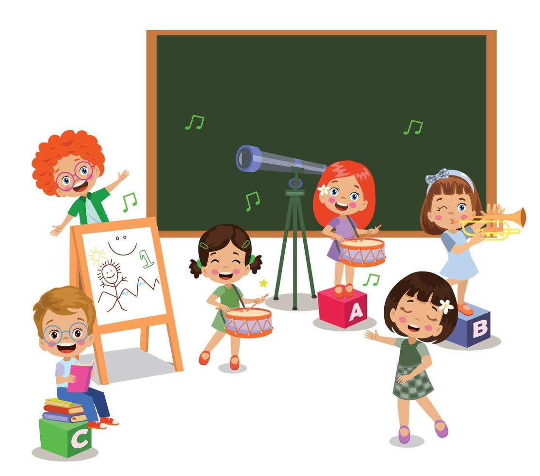 happy kids playing instruments and singing in class vector