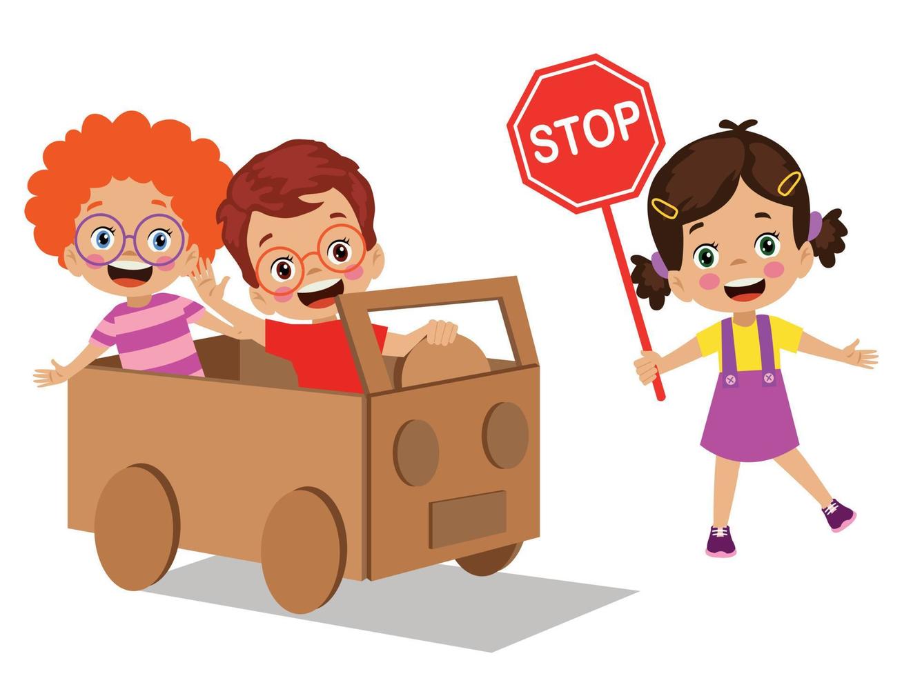 kids having fun with toy car out of cardboard box vector