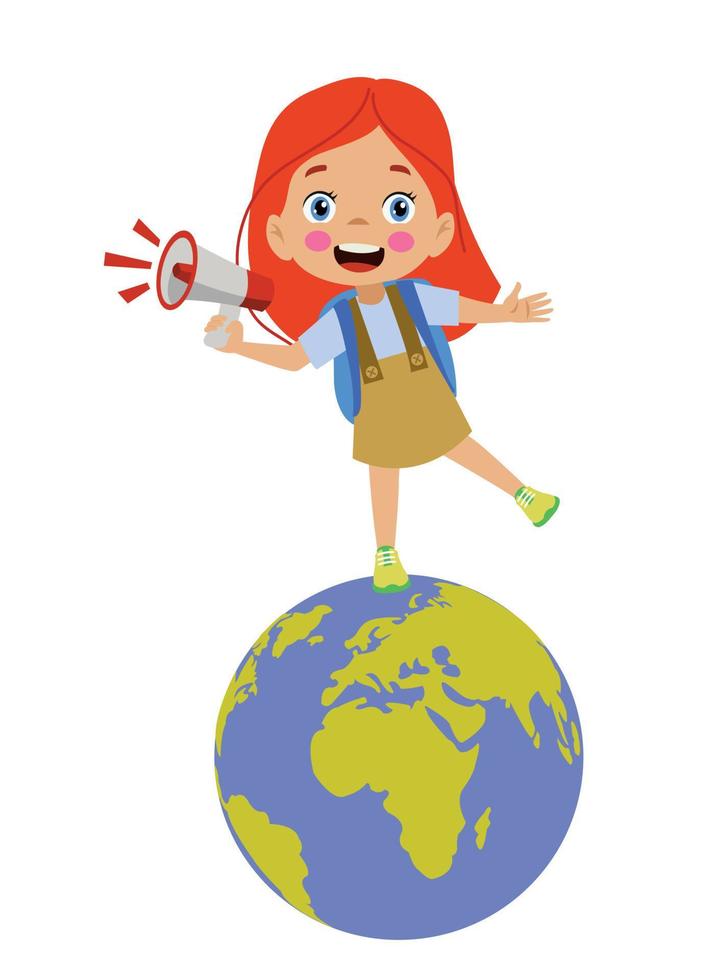 cute boy on world map with megaphone in hand vector