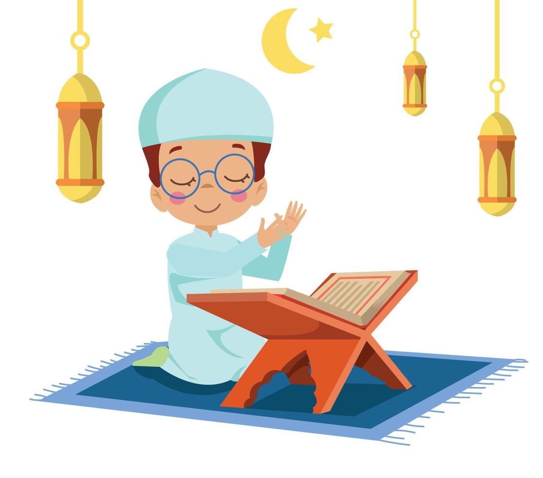 cute happy boy reading quran vector