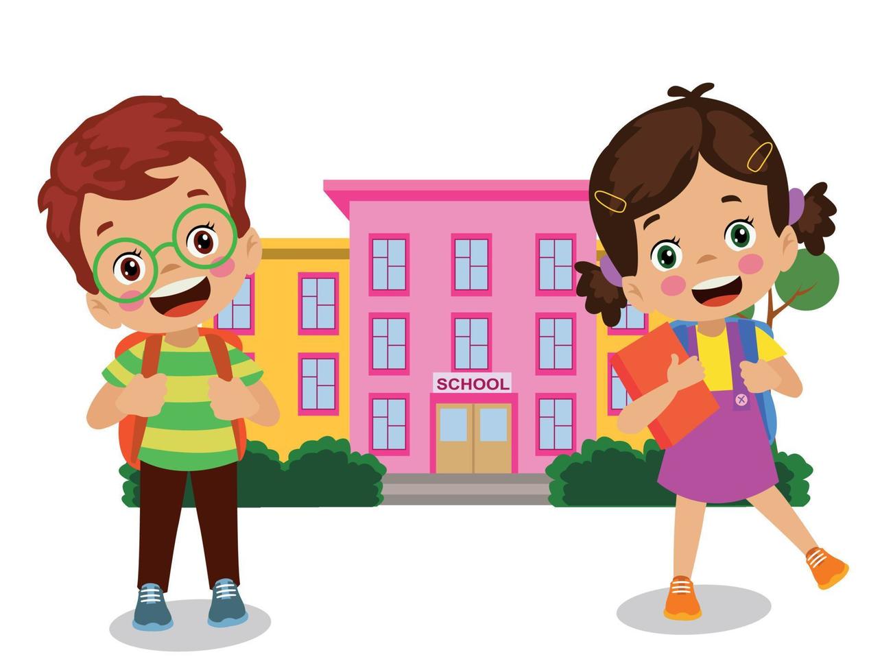 cute happy little kids going to school with school bags on their backs vector