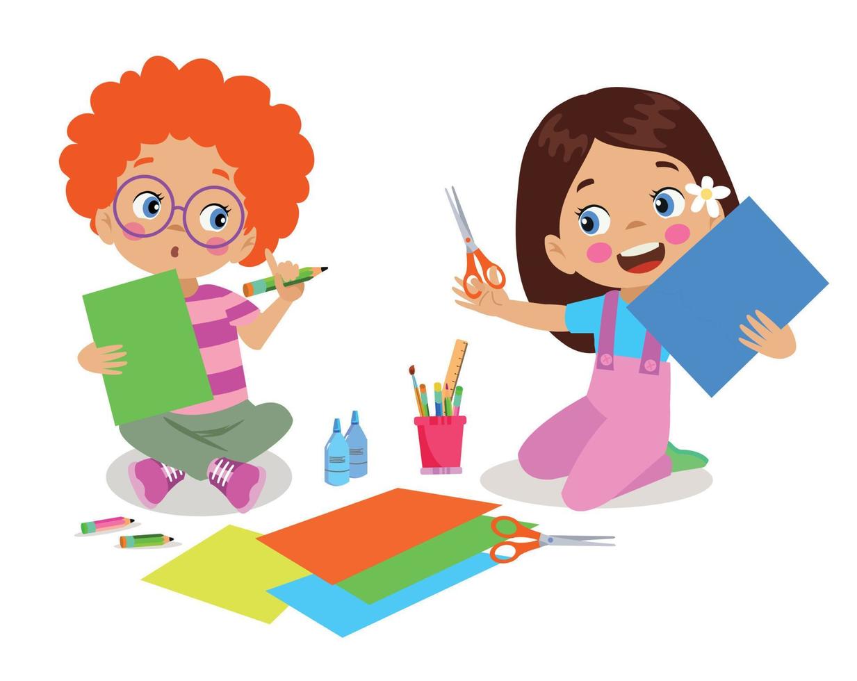 cute boy painting and cutting colorful craft papers vector