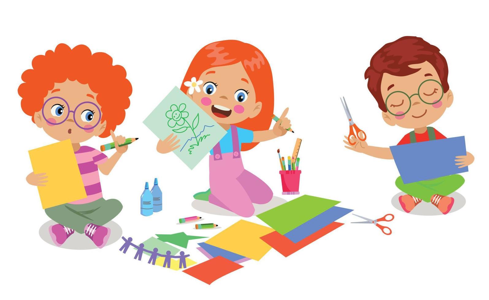 cute boy painting and cutting colorful craft papers vector