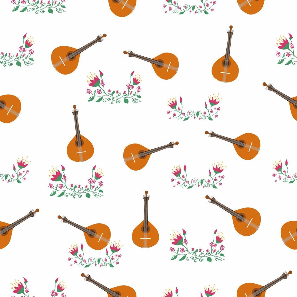 Portuguese guitar seamless pattern with flowers, typical azulejo tiles. Music and musical traditions vector