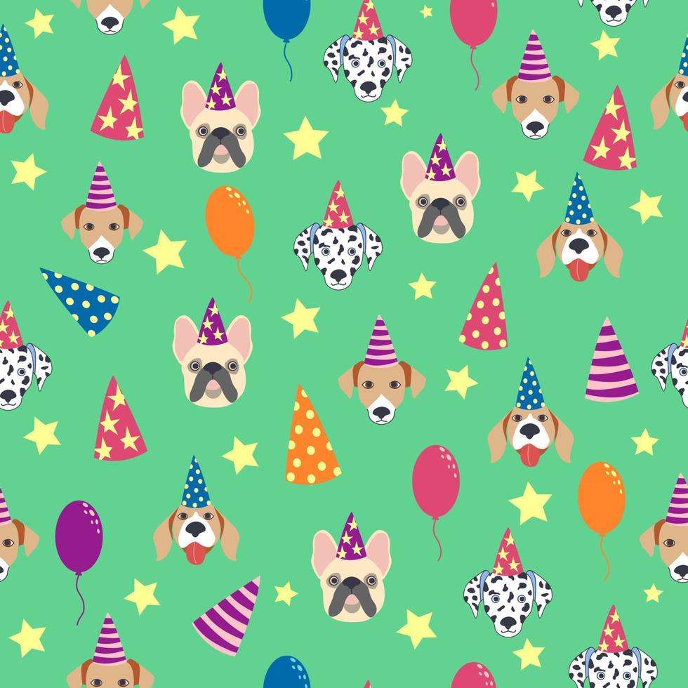 Happy birthday seamless pattern with cartoon dogs of the Dalmatian, Bulldog, Terrier breed. Birthday gifts, balloons vector