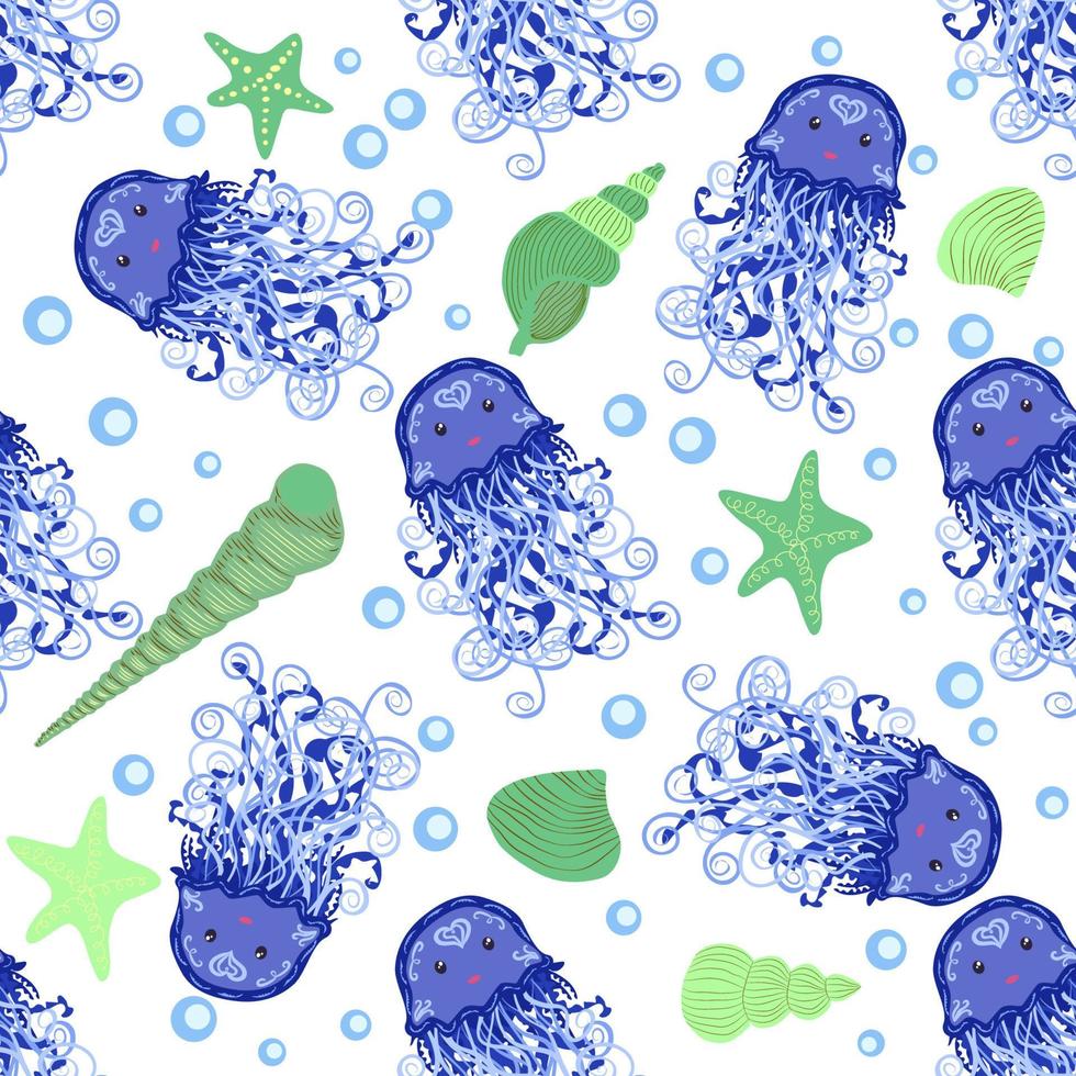 Seamless pattern with detailed transparent jellyfish. Childish seamless pattern with cute hand drawn fishes and jellyfishes in doodle style. Trendy nursery background vector